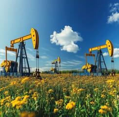 Lively oil pump jacks in a vibrant field under a bright blue sky showcasing oil extraction in a rural landscape