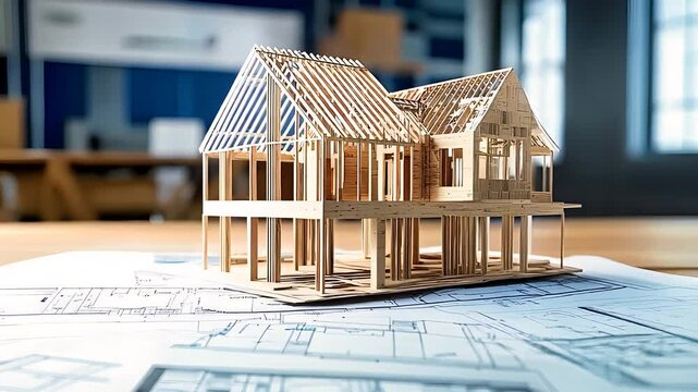 Wooden House Model on Architectural Blueprints in Construction Planning


