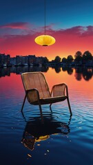 Fototapeta premium A chair floats on water under a glowing pendant light at sunset, creating a serene atmosphere.