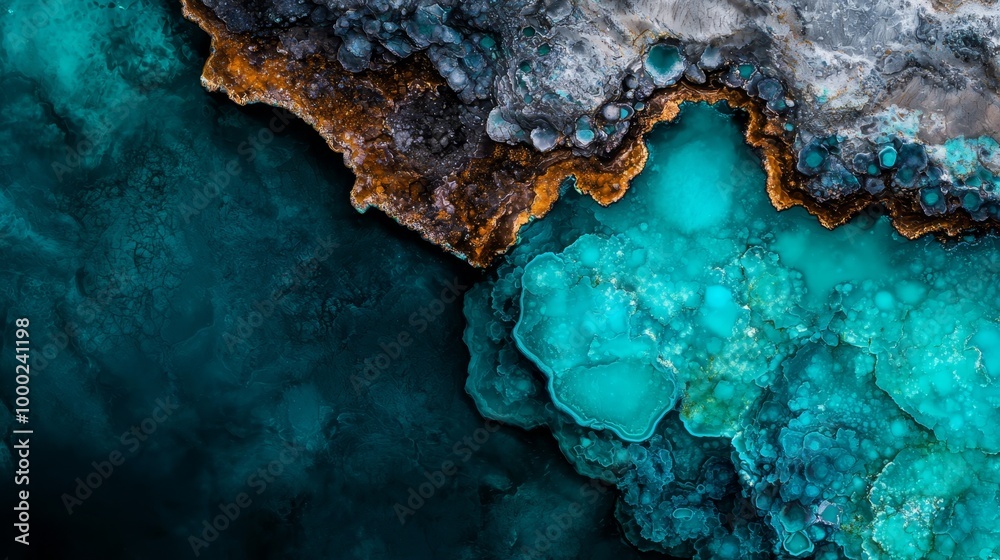 Poster  A bird's-eye perspective of a body of water featuring blue and green hues, with submerged rocks beneath the surface