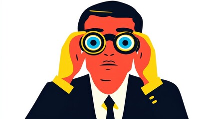 Business opportunity exploration concept with person using binoculars in flat design