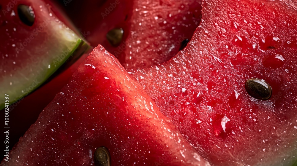 Wall mural  A tight shot of watermelon slices, each with droplets of water clinging atop