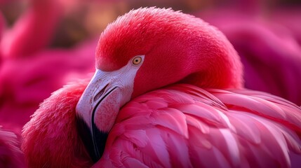 Naklejka premium A tight shot of a solitary pink flamingo amidst a backdrop of numerous others