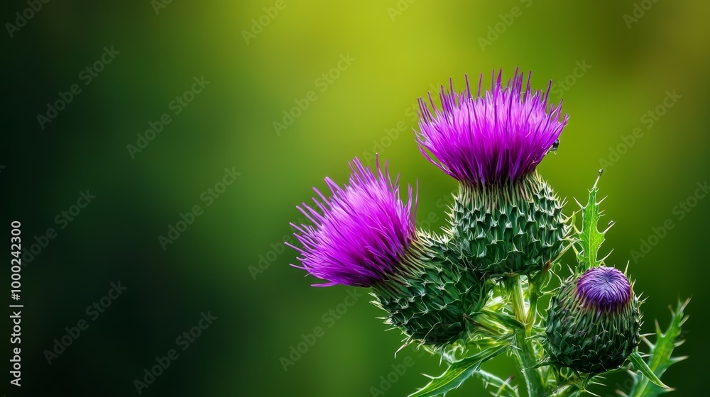 Sticker  A few purple flowers atop a verdant, flower-filled meadow against a green, blurred backdrop