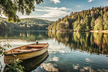 Obraz premium A tranquil wooden boat floats on a serene lake surrounded by lush green forests in the gentle light of early morning. Generative AI