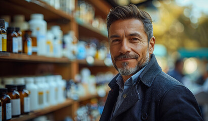 Fototapeta premium A man is smiling in front of a pharmacy shelf. He is wearing a blue jacket and a gray beard