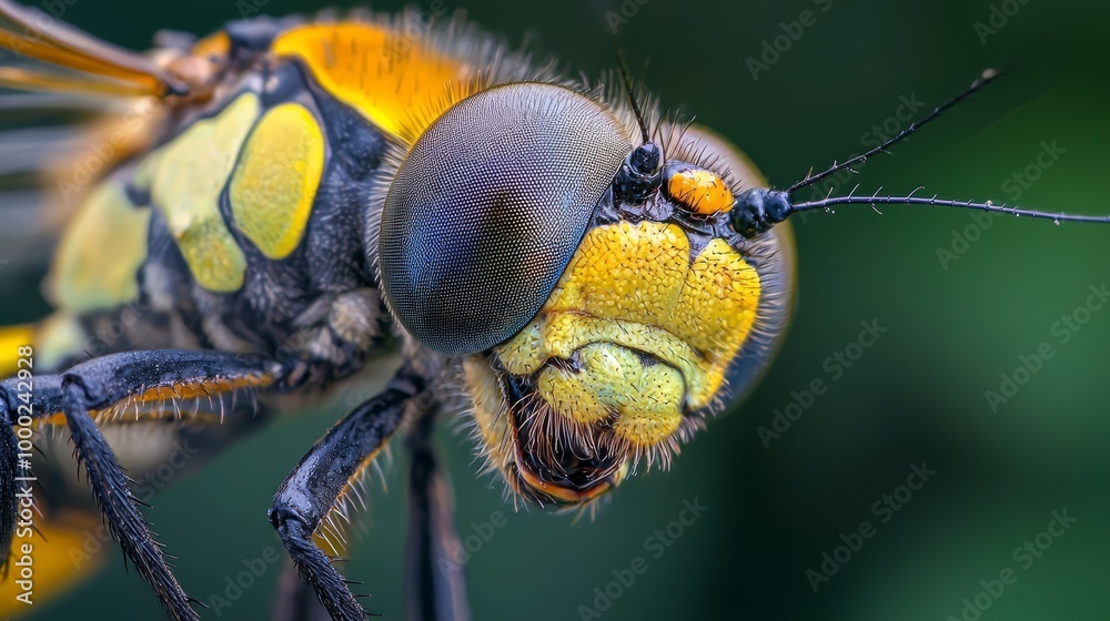 Sticker  A tight shot of a yellow and black insect's head and legs, surrounded by a blurred background