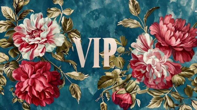 A blue and pink flowery background with the word VIP written in white