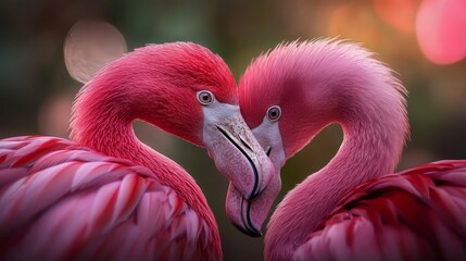  Two pink flamingos standing side by side, their curved beaks forming a heart shape