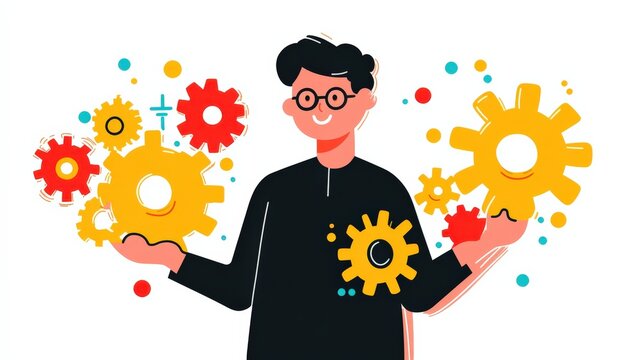 Efficiency and productivity: business concept with gears and cartoon character