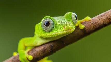  A tight shot of a green frog perched on a tree branch against a softly blurred, green backdrop