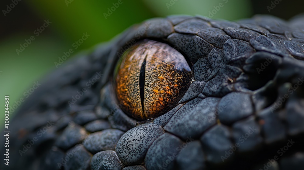 Wall mural  A tight shot of a snake's eye against a green background with a leaf nearby