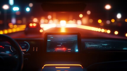 Fototapeta premium Smart car (HUD) concept. Empty cockpit in vehicle and Self-Driving mode car graphic screen with flare light
