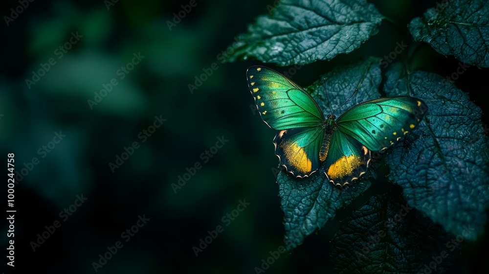 Sticker  A green-and-yellow butterfly perches atop a lush, green leafy plant surrounded by numerous leaves