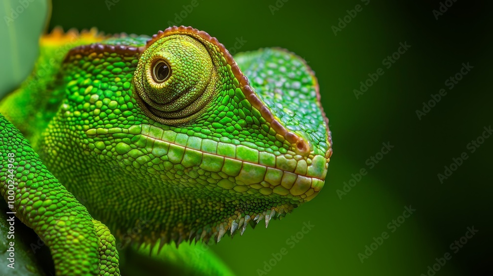 Poster  A tight shot of a green chameleon's face against a backdrop of green leafy plants, set against black