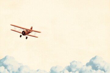A Vintage Biplane Flying Through Cloudy Skies