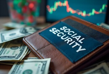 Wallets, money, and stock market symbols, emphasizing the financial aspect of Social Security.