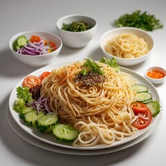 Delicious fresh fried Noodles with beef and vegetables assortment Served, Noodles with chicken and vegetables on a white background