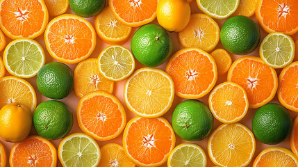 A high-definition photograph of a beautiful, seamless fruit background, featuring vivid oranges,...