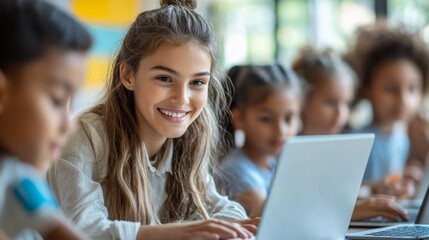 Group of Children Learning with Laptops in Classroom