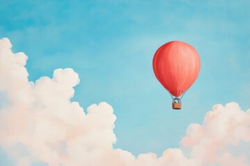 Fototapeta premium A Single Red Hot Air Balloon Soaring Through a Blue Sky With White Clouds