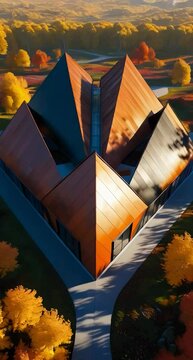 steel and black cladding, majestically nestled in a kaleidoscopic autumnal landscape, where warm golden sunlight casts dynamic shadows against the bold, angular design.