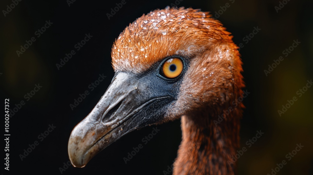 Poster  A tight shot of a bird's expressive face against a contrasting backdrop of brown and black, its distinctively colored orange and white beak standing out