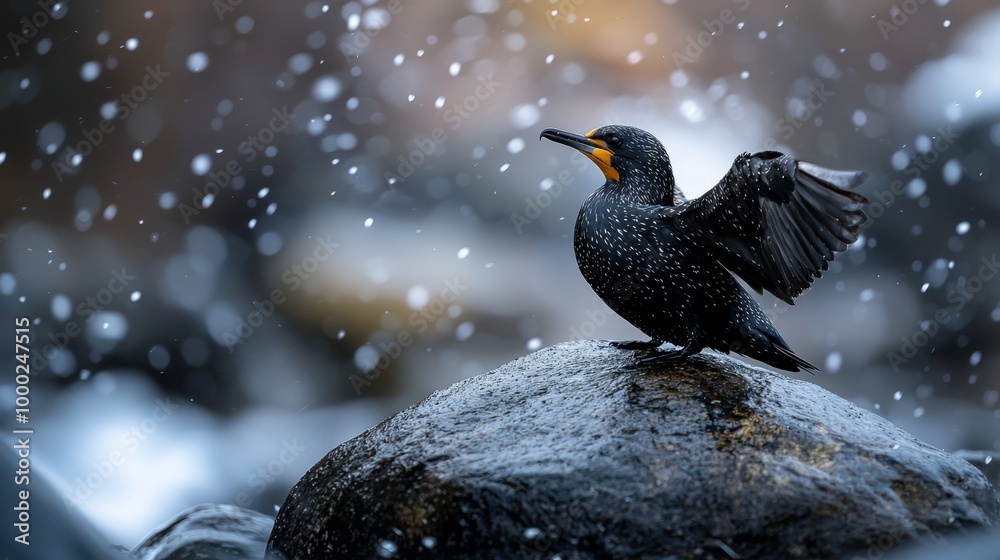 Sticker  A bird perched atop a snow-covered rock, wings splayed wide, beak agape