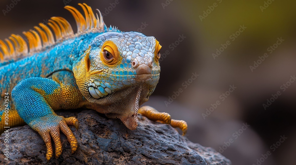 Canvas Prints  A tight shot of a blue-yellow lizard perched atop a rock, surrounded by a hazy background