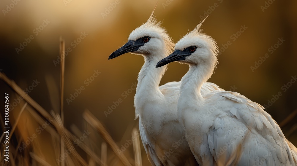 Sticker  Two white birds stand side by side atop a grassy field In front of them, tall blades of grass wave gently