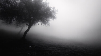 Fototapeta premium Mysterious Dense Fog Creeping Along the Ground in a Surreal Atmosphere
