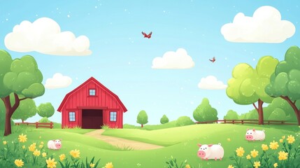 Red Barn with Pigs in Scenic Countryside