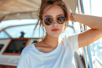 Young woman in sunglasses wearing white t-shirt posing in yacht boat in sunny summer day.