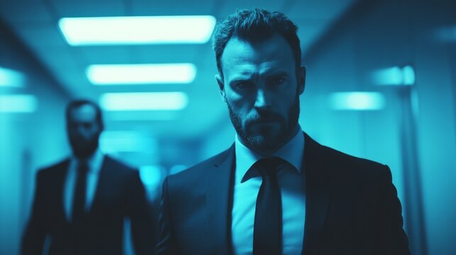 Men in Suits in Dimly Lit Hallway