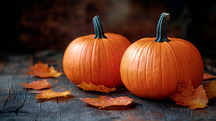 Fall leaves and pumpkins on a dark wooden background. Generative AI