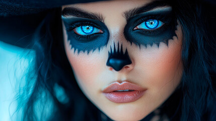 A woman in a black hat and a skull makeup for Halloween. Generative AI