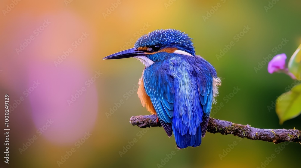 Poster  A vibrant bird perches on a branch, nestled between a purple-green plant and its pink blossom backdrop