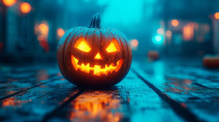 Pumpkins And Zombies In Graveyard With Wooden Board. Generative AI