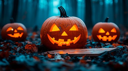 Pumpkins And Zombies In Graveyard With Wooden Board. Generative AI