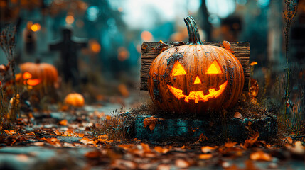 Pumpkins And Zombies In Graveyard With Wooden Board. Generative AI