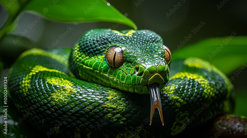 Poster  A tight shot of a green snake coiled on a branch, with a leaf in the foreground, and another snake lurking behind