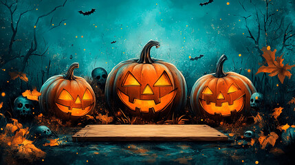 Pumpkins And Zombies In Graveyard With Wooden Board. Generative AI