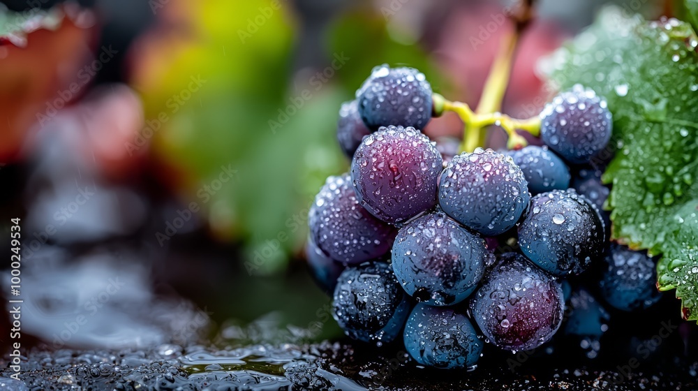 Poster  A tight shot of ripe grapes with water droplets glistening on them, surrounded by a lush green leaf in the backdrop