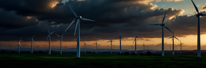 Obraz premium Usine of Eolic Wind Turbines. Sustainable, Renewable energy force in a Country Side with sunset with vibrant sky.