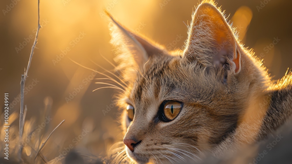 Poster  A tight shot of a feline face amidst a sea of green grass Sunlight illuminates the background