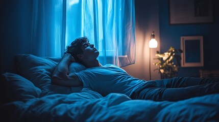 Fototapeta premium Man in Blue-Hued Room at Night