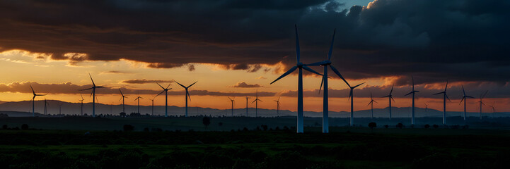 Usine of Eolic Wind Turbines. Sustainable, Renewable energy force in a Country Side with sunset with vibrant sky.