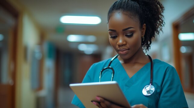 Female Nurse Using Tablet in Hospital Corridor
