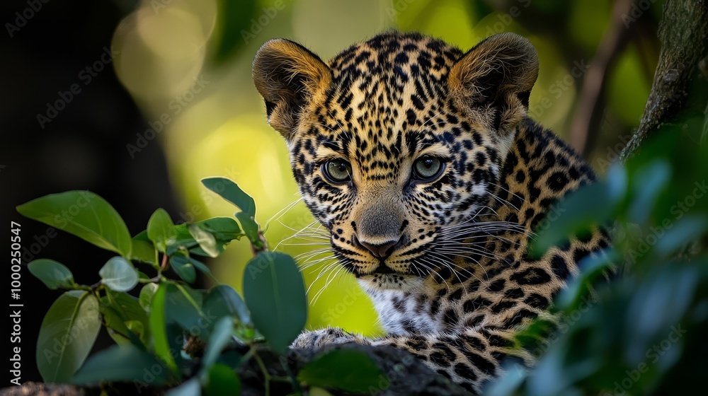 Poster  A tight shot of a cheetah on a tree limb, surrounded by foreground leaves, with a softly blurred background