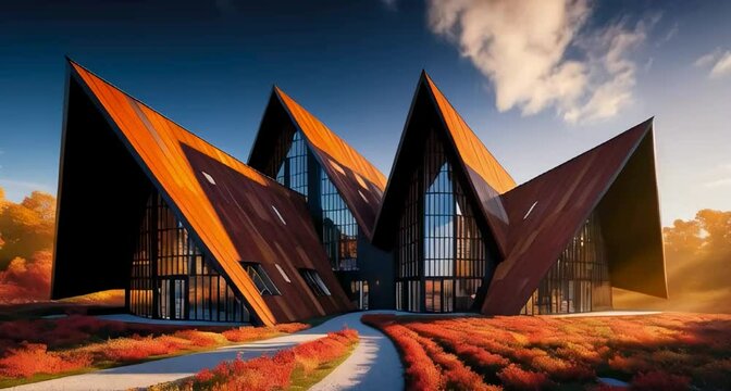 steel and black cladding, majestically nestled in a kaleidoscopic autumnal landscape, where warm golden sunlight casts dynamic shadows against the bold, angular design